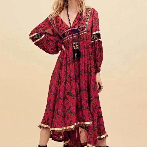 Free People Bold Blooms Embroidered Dress oversized red gold - Picture 3 of 12